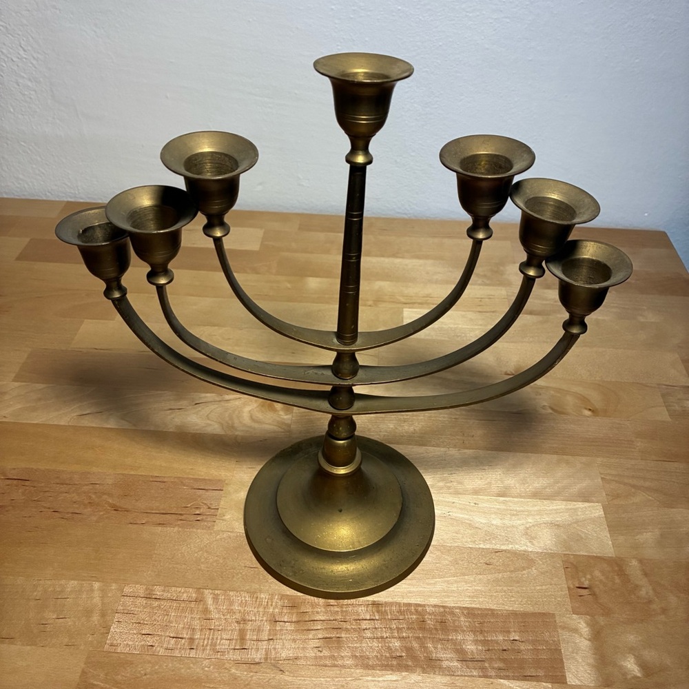 Vintage Brass Metal Seven-Branched Candelabra Jewish Menorah Candle Holders - Picture 6 of 8